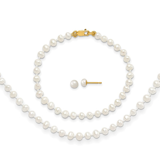 14k 3-4mm White Freshwater Cultured Pearl 14 inch Necklace, 5 inch Bracelet and Post Earrings Set
