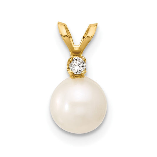 14k Yellow Gold 6-7mm Round White Freshwater Cultured Pearl Diamond Pendant