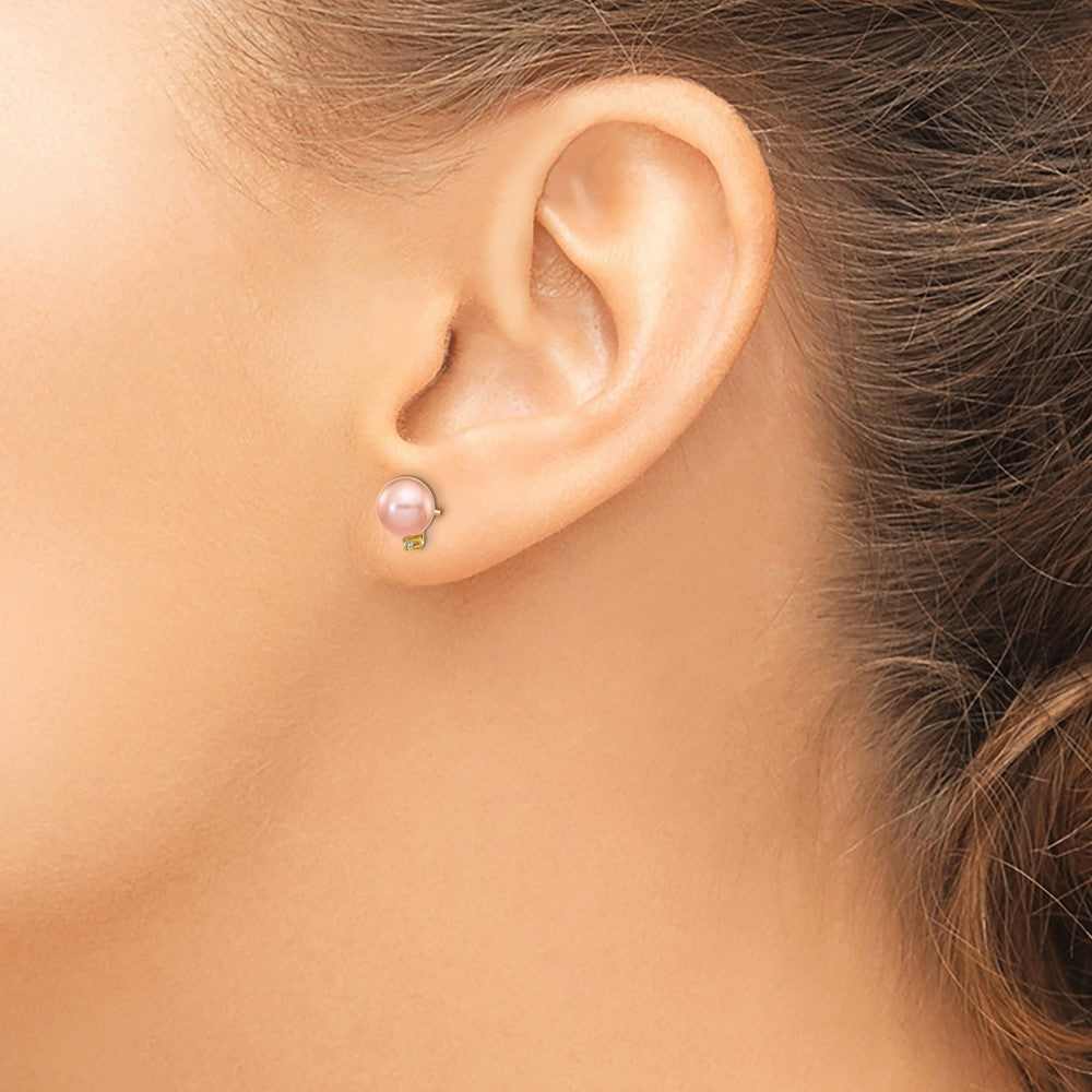 14k 5-6mm Pink Round Freshwater Cultured Pearl and .02 Carat Diamond Post Earrings