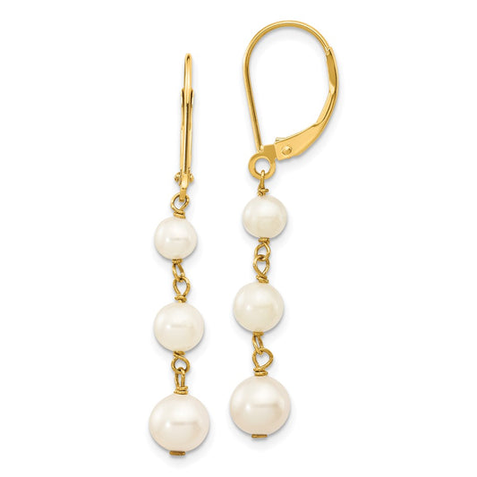 14k 4-6mm White Semi-round Freshwater Cultured Pearl Dangle Leverback Earrings