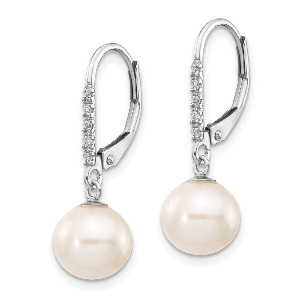 14k White Gold 8-9mm White Round Freshwater Cultured Pearl and .05 Carat Diamond Dangle Leverback Earrings