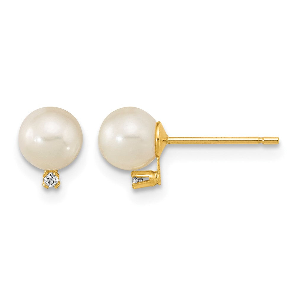 14k 5-5.5mm White Round Freshwater Cultured Pearl and CZ Post Earrings