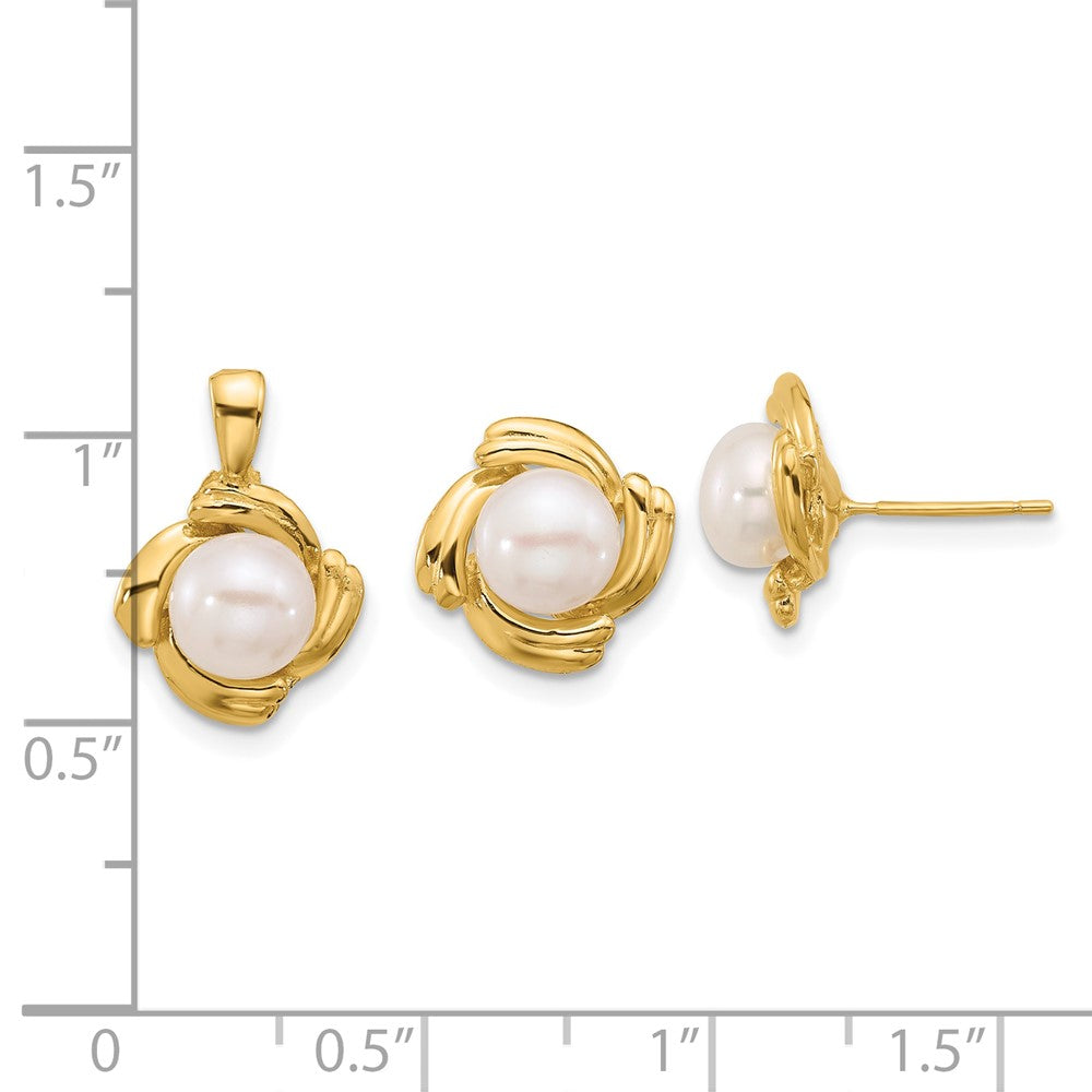 14k Yellow Gold 6-7mm White Button FWC Pearl Earring and Pendant Set