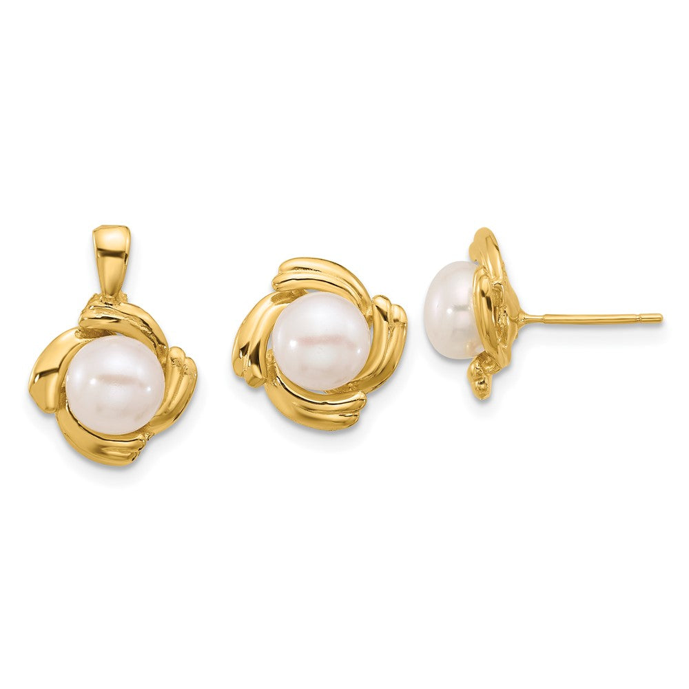 14k Yellow Gold 6-7mm White Button FWC Pearl Earring and Pendant Set