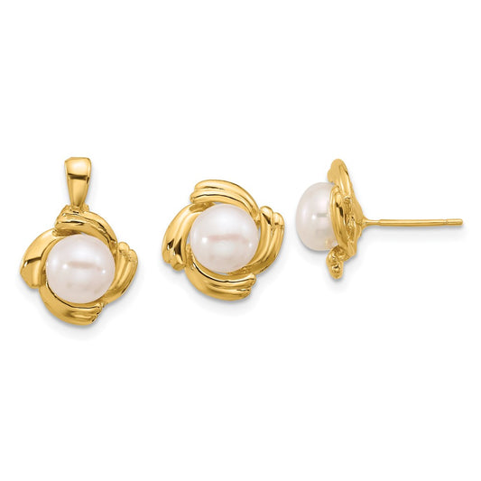 14k Yellow Gold 6-7mm White Button FWC Pearl Earring and Pendant Set