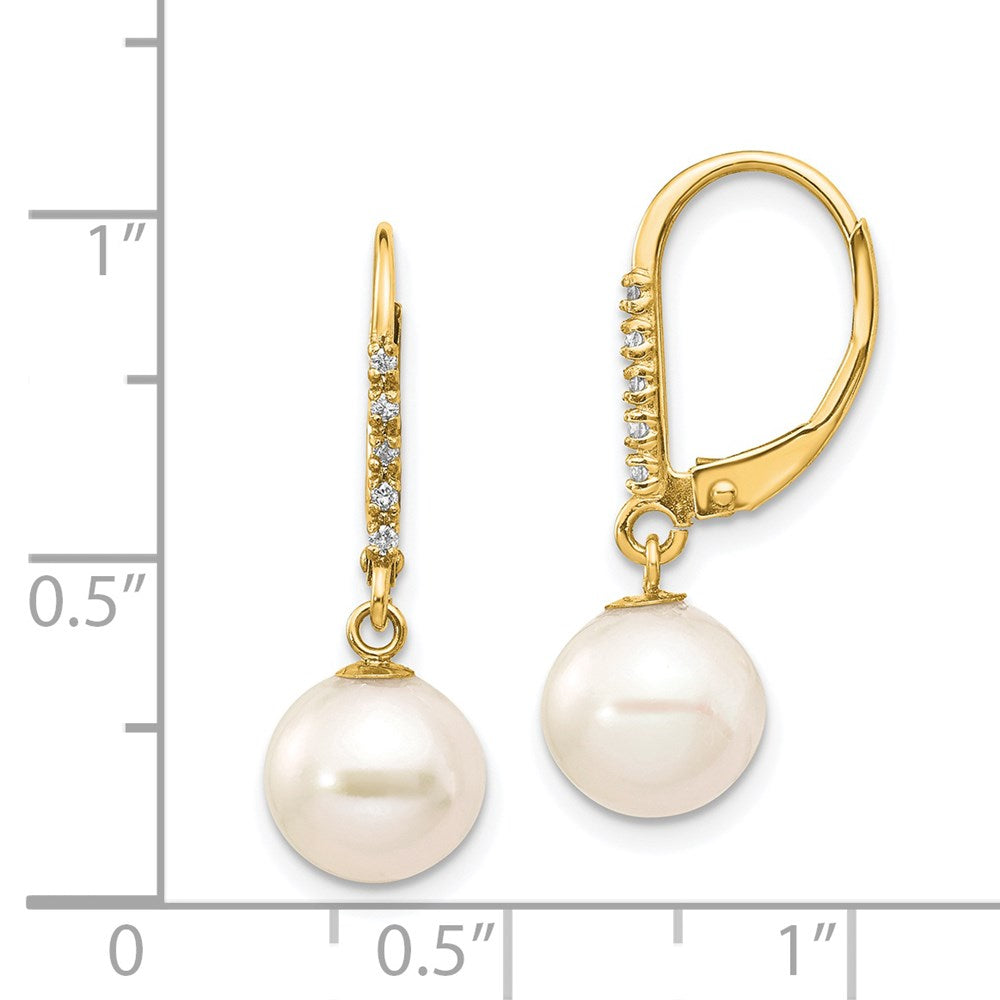 14k 8-9mm White Round Freshwater Cultured Pearl and .05 Carat Diamond Dangle Leverback Earrings