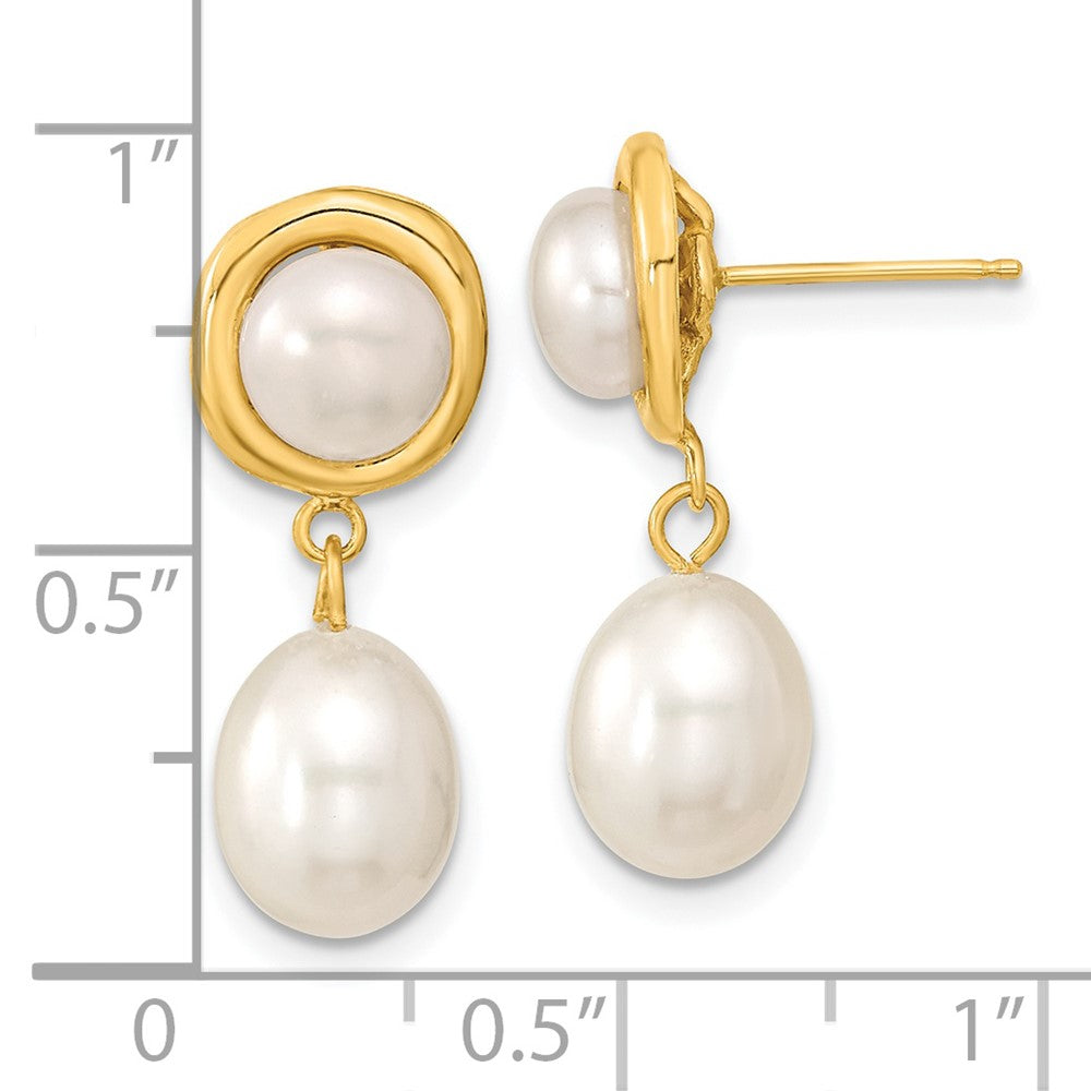 14k 5-7mm White Button and Rice Freshwater Cultured Pearl Post Dangle Earrings