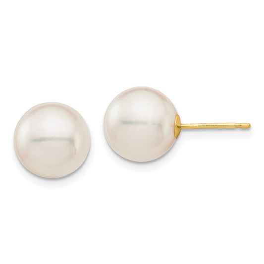 14k 9-10mm White Round Saltwater Akoya Cultured Pearl Stud Post Earrings