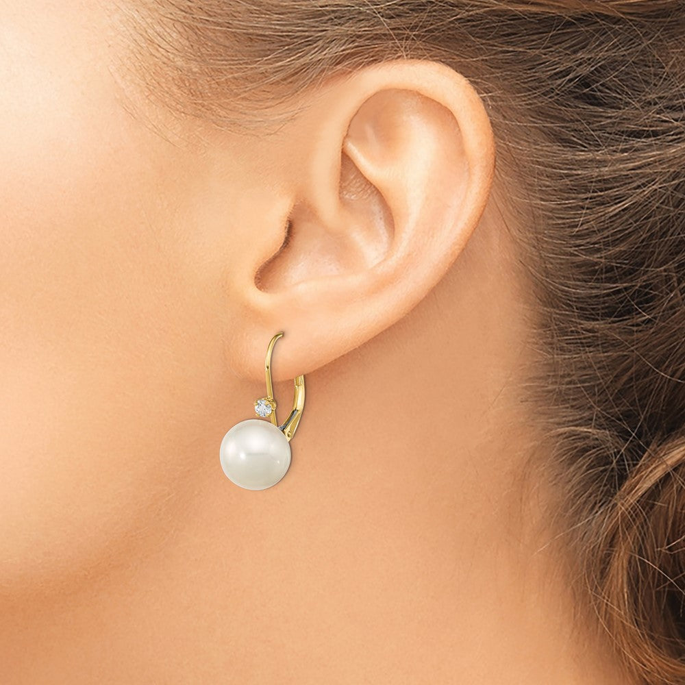 14k 9-9.5mm White Round Freshwater Cultured Pearl and .10 Carat Diamond Leverback Earrings