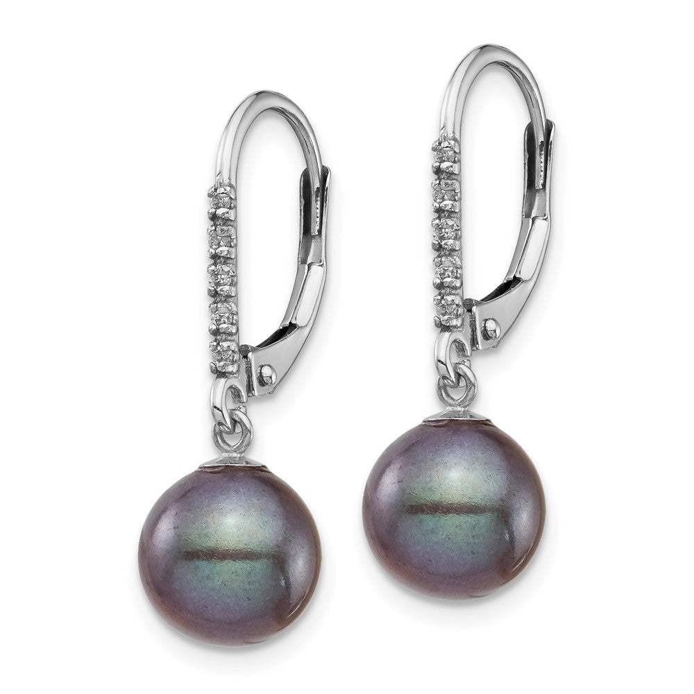 14k White Gold 8-9mm Black Round Freshwater Cultured Pearl and .05 Carat Diamond Dangle Leverback Earrings