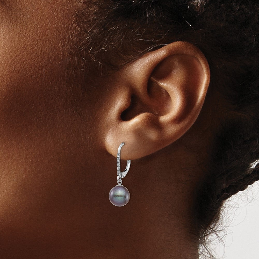 14k White Gold 8-9mm Black Round Freshwater Cultured Pearl and .05 Carat Diamond Dangle Leverback Earrings