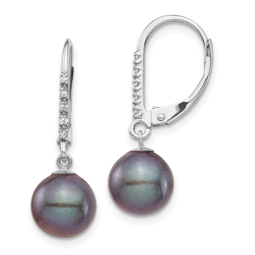 14k White Gold 8-9mm Black Round Freshwater Cultured Pearl and .05 Carat Diamond Dangle Leverback Earrings