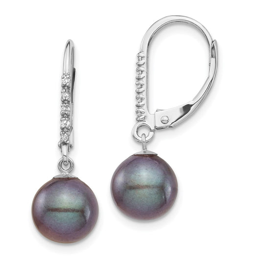 14k White Gold 8-9mm Black Round Freshwater Cultured Pearl and .05 Carat Diamond Dangle Leverback Earrings
