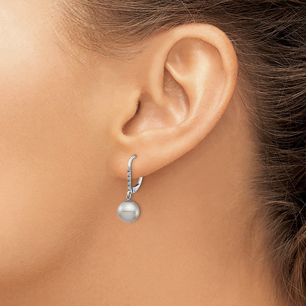14k White Gold 8-9mm Grey Round Freshwater Cultured Pearl and .05 Carat Diamond Dangle Leverback Earrings