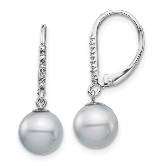 14k White Gold 8-9mm Grey Round Freshwater Cultured Pearl and .05 Carat Diamond Dangle Leverback Earrings