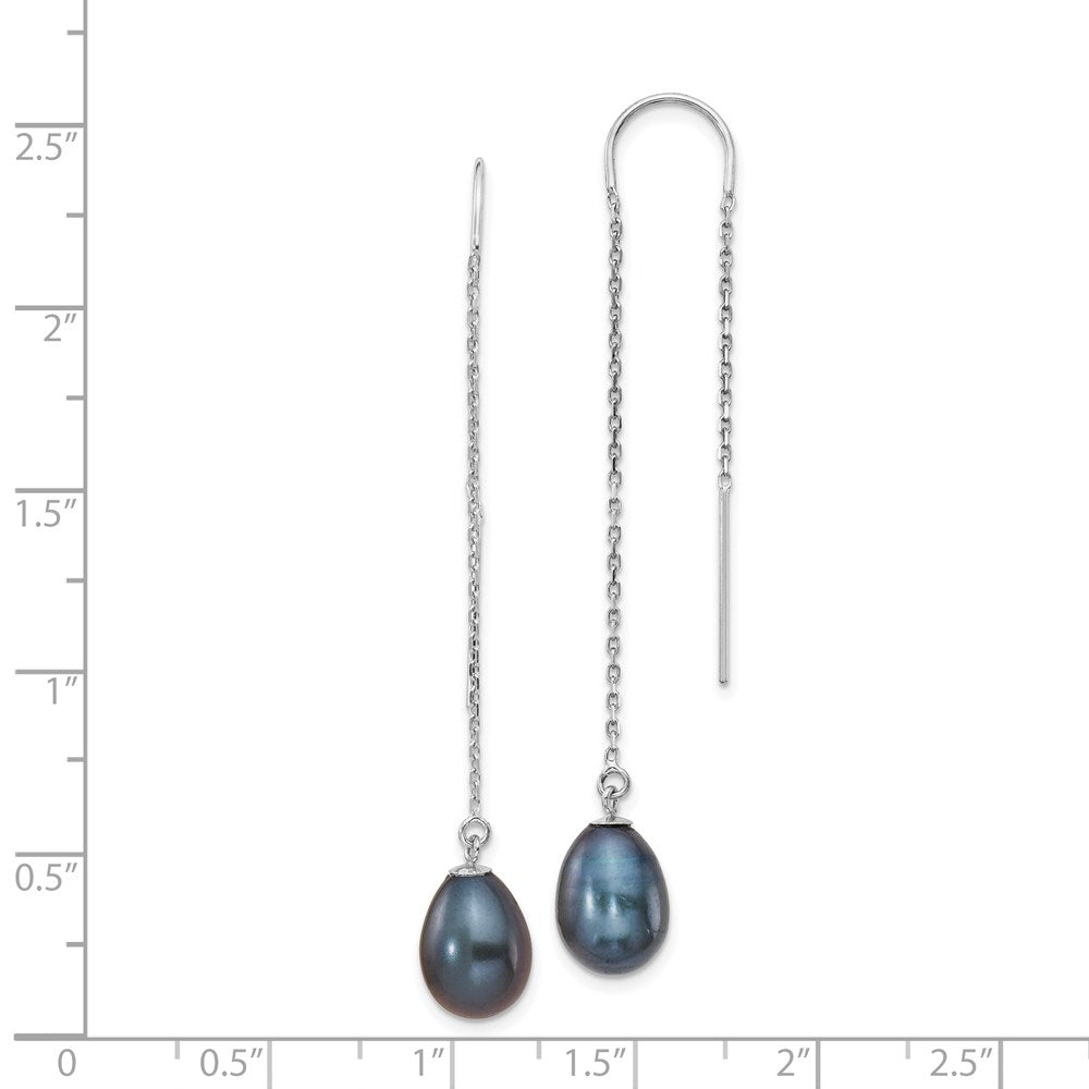 14k White Gold 7-8mm Black Teardrop Freshwater Cultured Pearl Threader Earrings