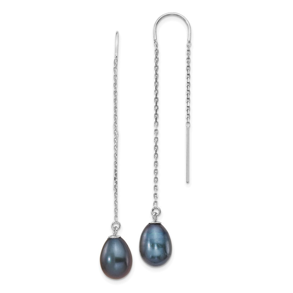 14k White Gold 7-8mm Black Teardrop Freshwater Cultured Pearl Threader Earrings