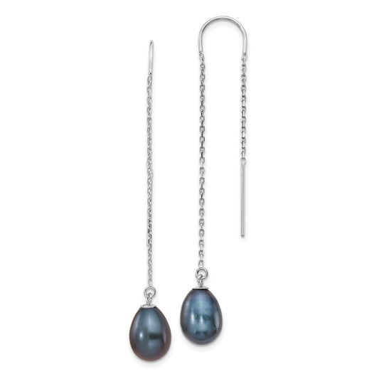 14k White Gold 7-8mm Black Teardrop Freshwater Cultured Pearl Threader Earrings