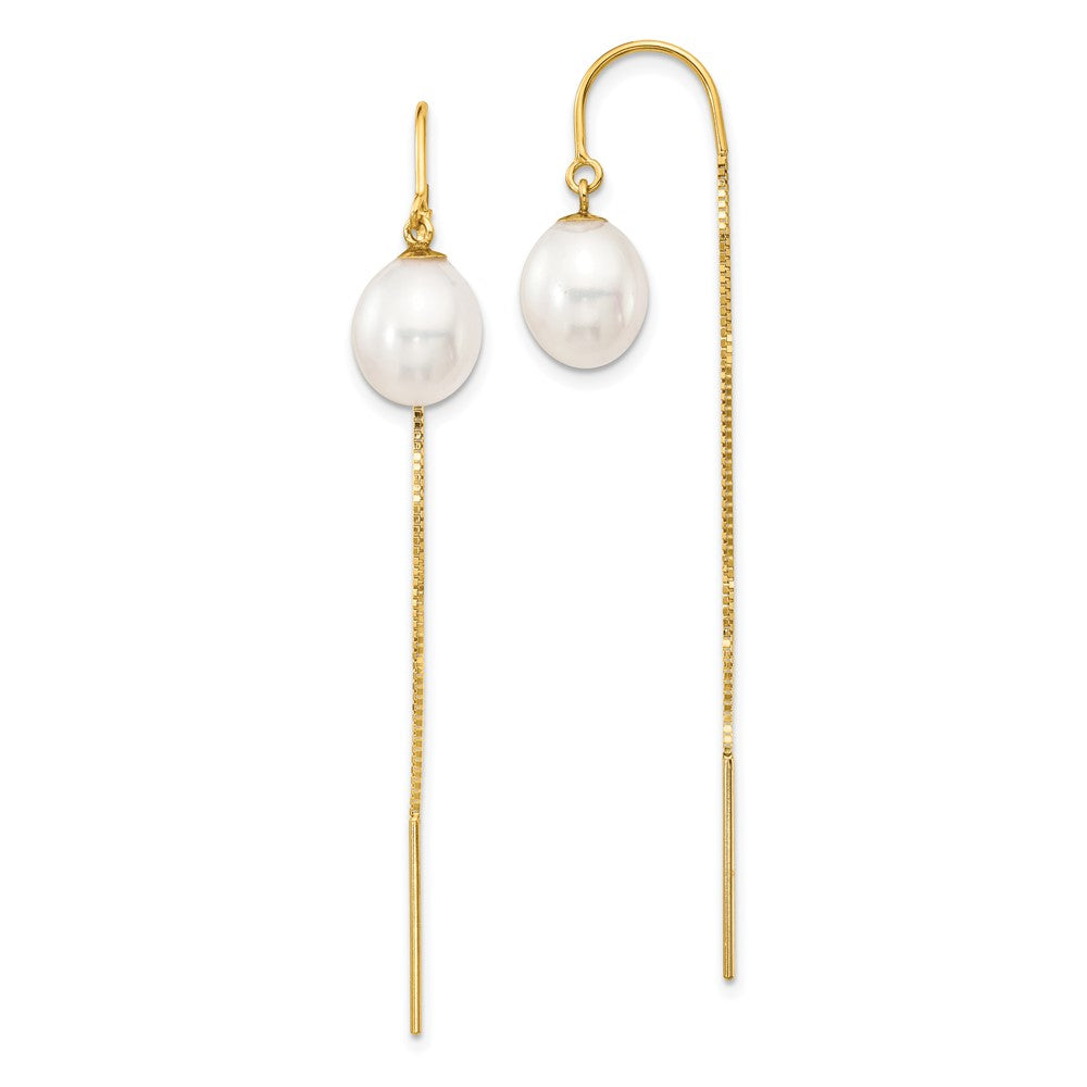 14k 7-8mm White Rice Freshwater Cultured Pearl Box Chain Threader Earrings
