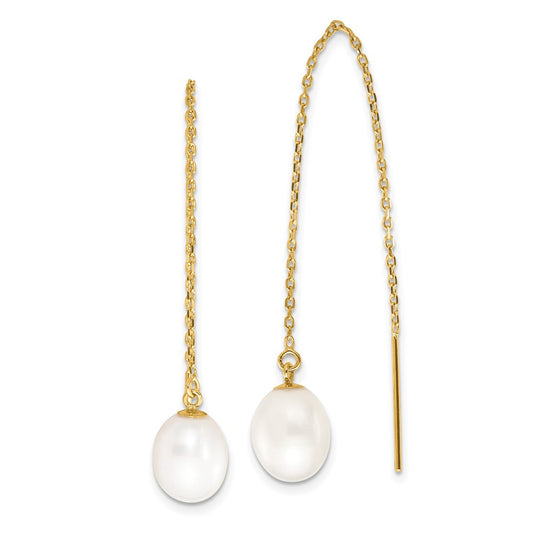 14k 7-8mm White Rice Freshwater Cultured Pearl Cable Chain Threader Earrings