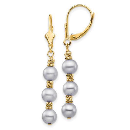 14k 5-6mm Grey Semi-Round Freshwater Cultured Pearl Dangle Leverback Earrings