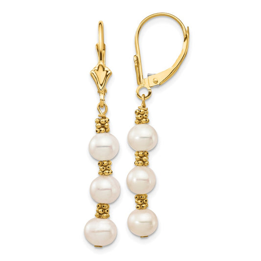 14k 5-6mm White Semi-Round Freshwater Cultured Pearl Dangle Leverback Earrings