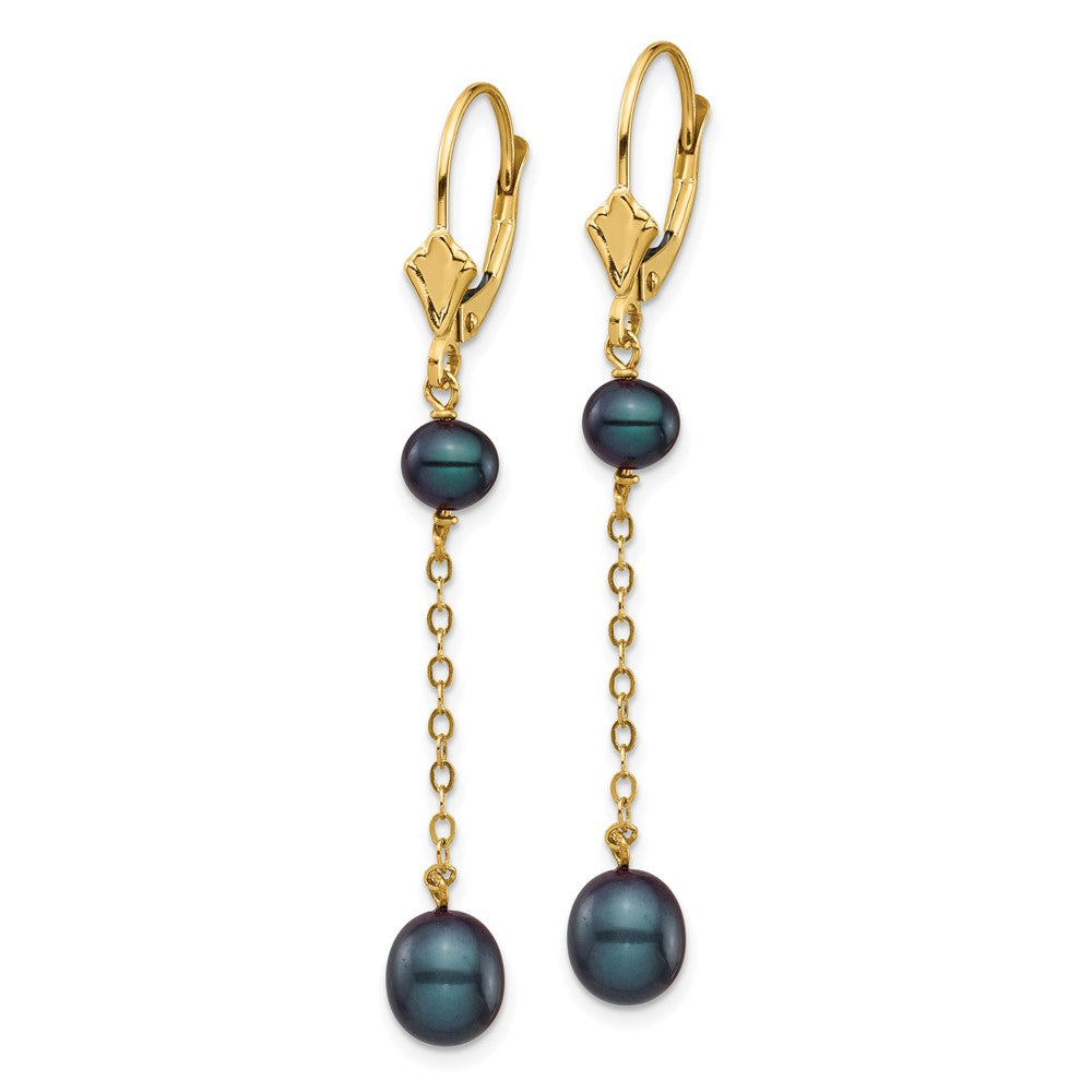14k 5-7mm Black Rice and Semi-Round Freshwater Cultured Pearl Dangle Leverback Earrings