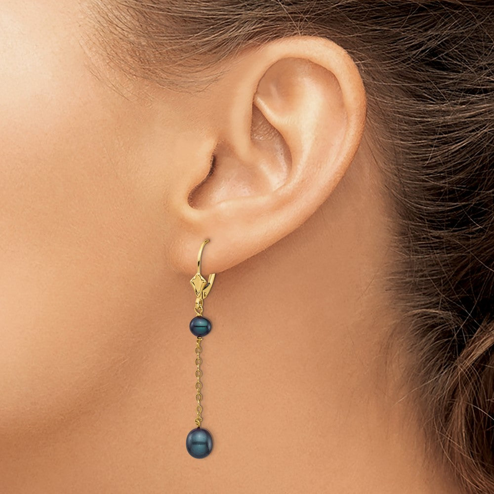 14k 5-7mm Black Rice and Semi-Round Freshwater Cultured Pearl Dangle Leverback Earrings
