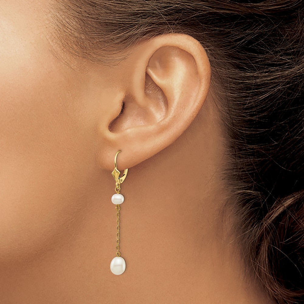 14k 5-7mm White Rice and Semi-Round Freshwater Cultured Pearl Dangle Leverback Earrings