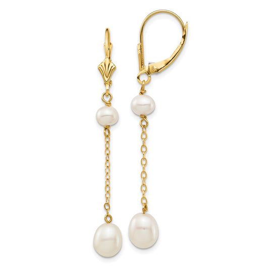 14k 5-7mm White Rice and Semi-Round Freshwater Cultured Pearl Dangle Leverback Earrings