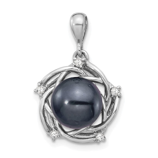 14k White Gold 8-9mm Black Round Tahitian Saltwater Cultured Pearl and .075 Carat Diamond Pendant