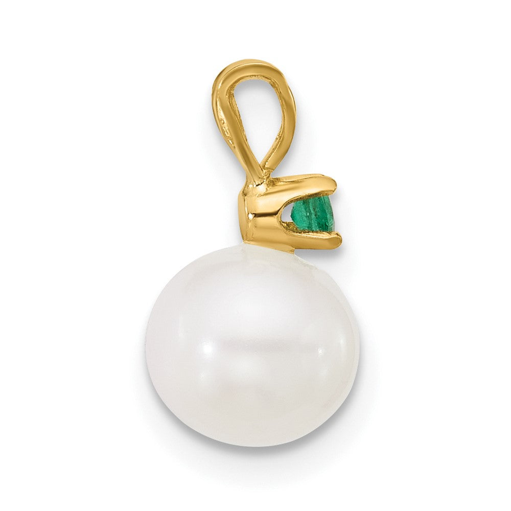 14K Yellow Gold 7-7.5mm White Round FWC Pearl Emerald Pendants