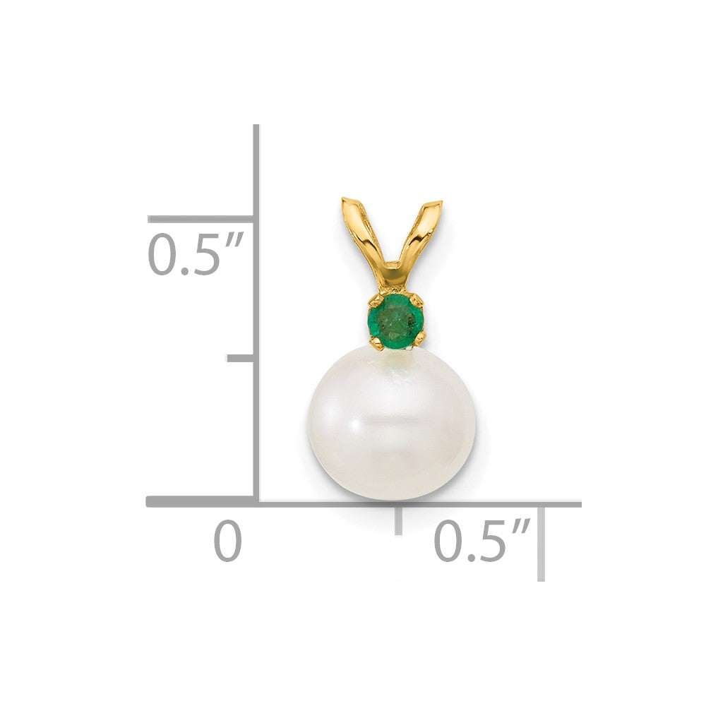 14K Yellow Gold 7-7.5mm White Round FWC Pearl Emerald Pendants