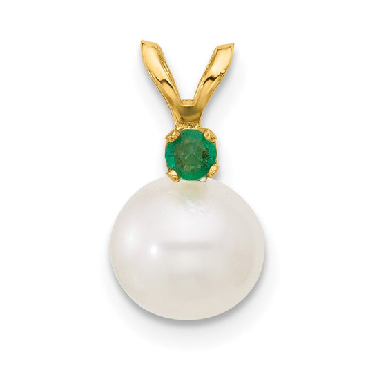 14K Yellow Gold 7-7.5mm White Round FWC Pearl Emerald Pendants