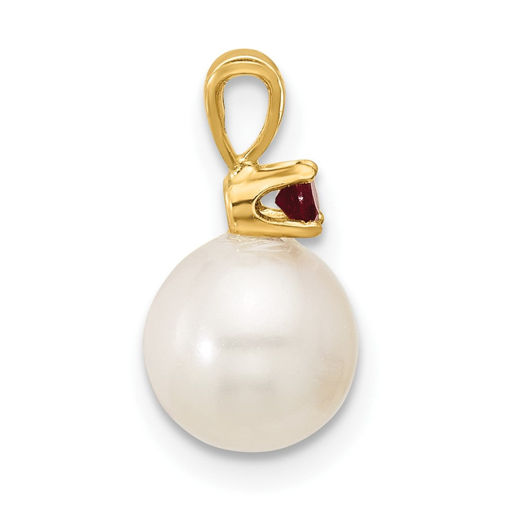 14k 7-7.5mm White Round Freshwater Cultured Pearl and .09RU Ruby Pendant