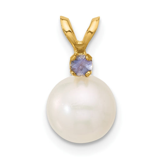 14k 7-7.5mm White Round Freshwater Cultured Pearl and .07TZ Tanzanite Pendant