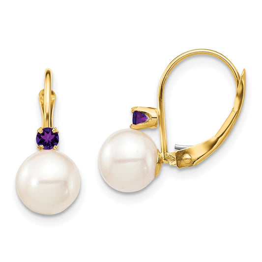 14k 7-7.5mm White Round Freshwater Cultured Pearl and .14AM Amethyst Leverback Earrings
