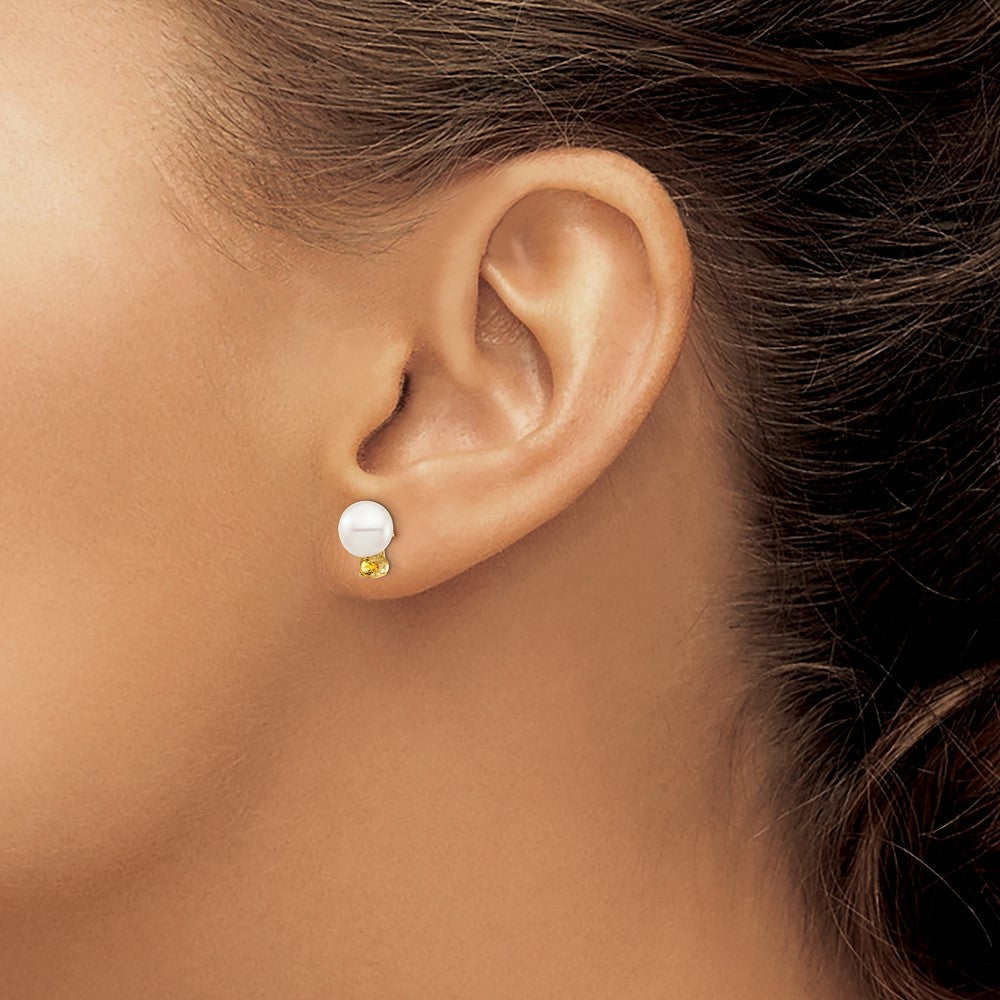 14k 7-7.5mm White Round Freshwater Cultured Pearl and .14CI Citrine Post Earrings