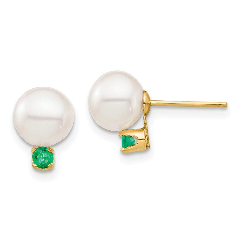 14K Yellow Gold 7-7.5mm White Round Freshwater Cultured Pearl Emerald Post Earrings
