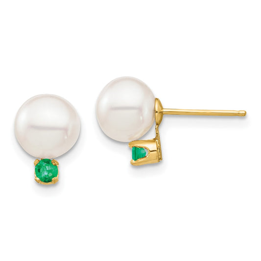 14K Yellow Gold 7-7.5mm White Round Freshwater Cultured Pearl Emerald Post Earrings