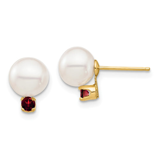 14k 7-7.5mm White Round Freshwater Cultured Pearl and .18GA Garnet Post Earrings