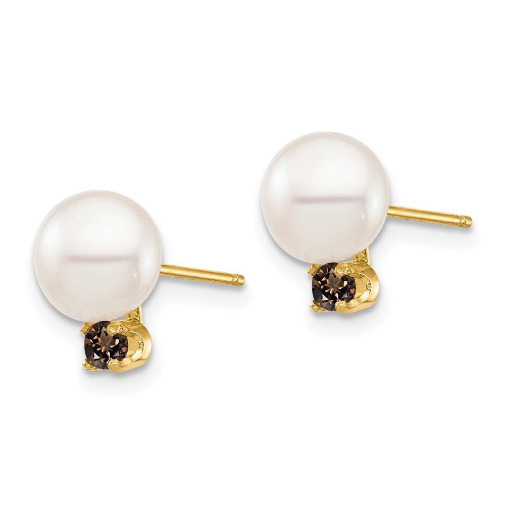 14k 7-7.5mm White Round Freshwater Cultured Pearl and .18SQ Smokey Quartz Post Earrings