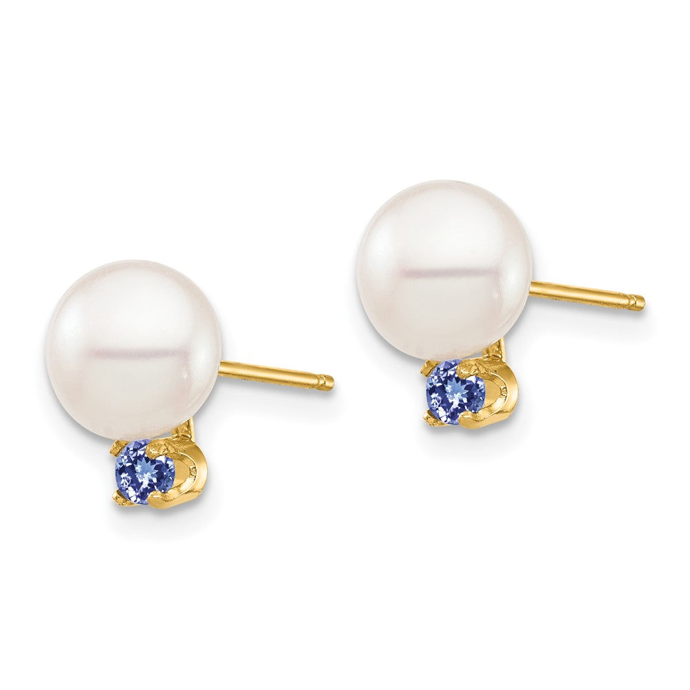 14k 7-7.5mm White Round Freshwater Cultured Pearl and .14TZ Tanzanite Post Earrings