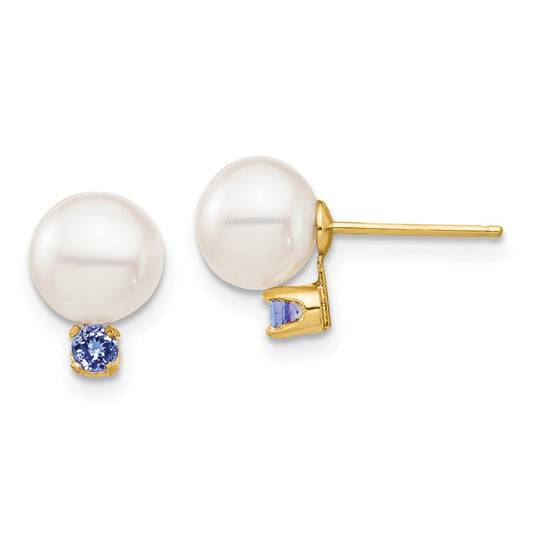 14k 7-7.5mm White Round Freshwater Cultured Pearl and .14TZ Tanzanite Post Earrings