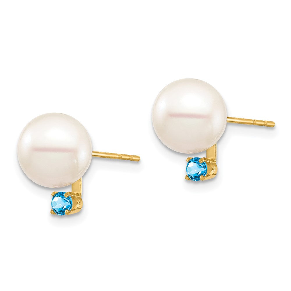 14K Yellow Gold 8-8.5mm White Round FW Cultured Pearl Swiss Blue Topaz Post Earrings