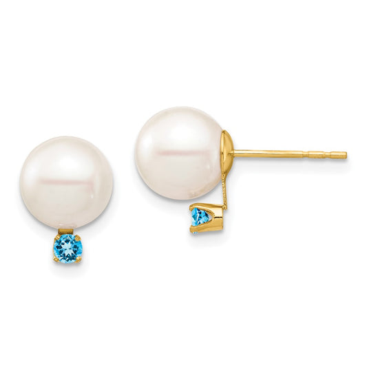 14K Yellow Gold 8-8.5mm White Round FW Cultured Pearl Swiss Blue Topaz Post Earrings