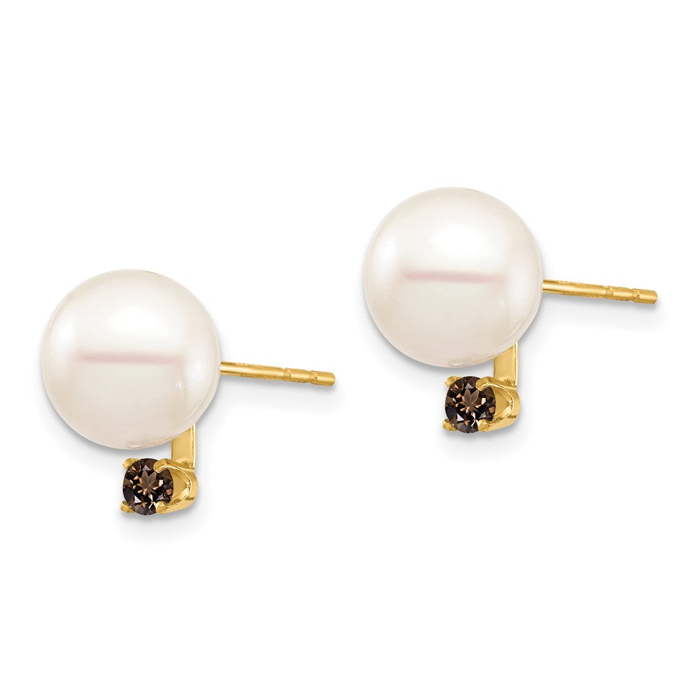 14K Yellow Gold 8-8.5mm White Round Freshwater Cultured Pearl Smoky Quartz Post Earring