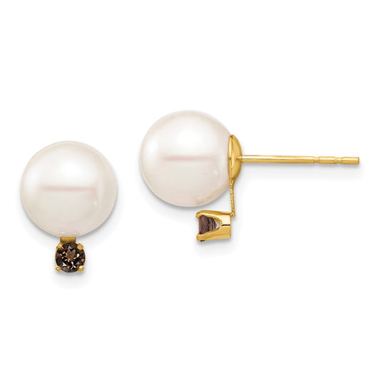 14K Yellow Gold 8-8.5mm White Round Freshwater Cultured Pearl Smoky Quartz Post Earring