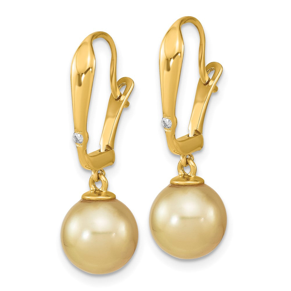 14k 9-10mm Round Golden South Sea Saltwater Cultured Pearl and .02 Carat Diamond Post Earrings