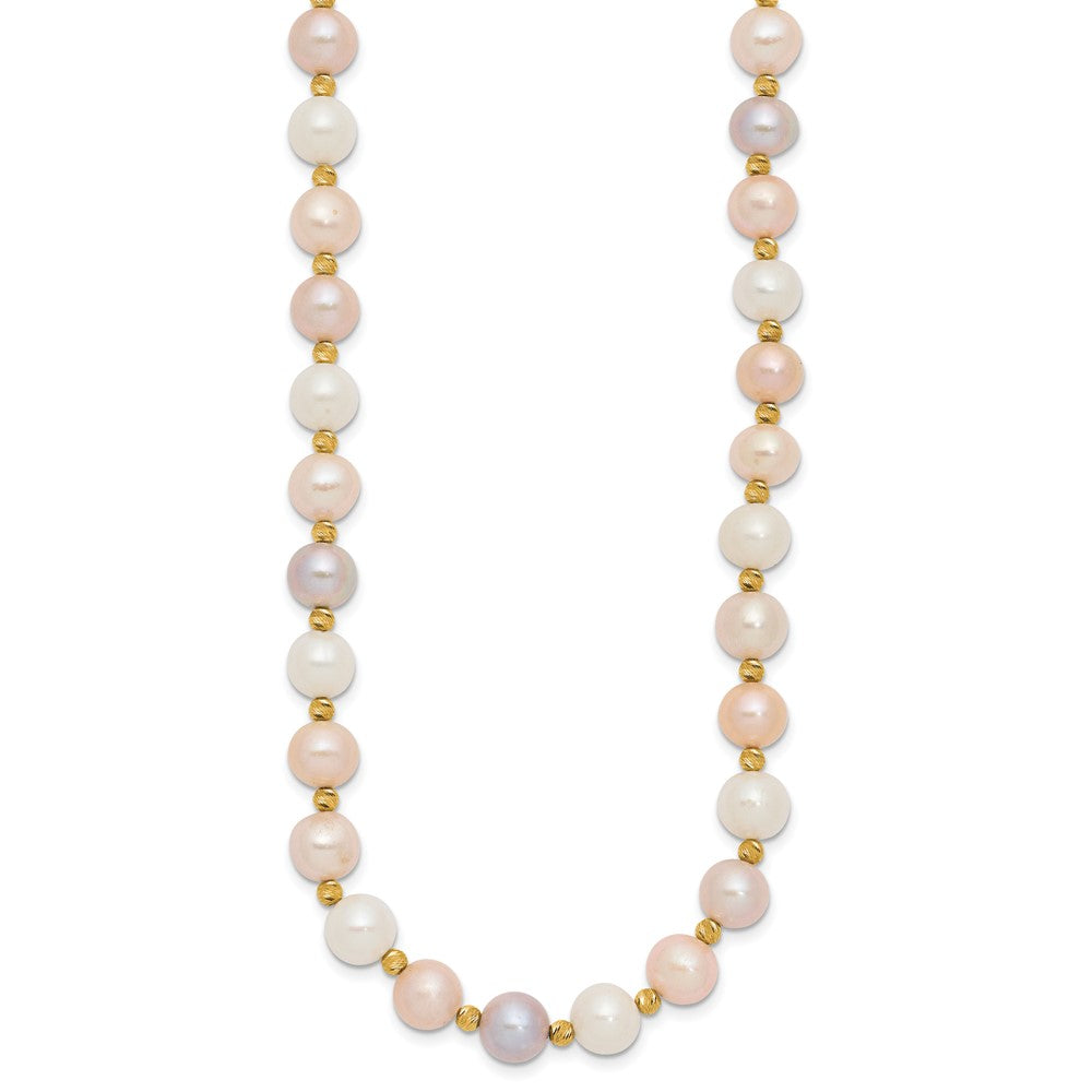 14k 8-9mm Pink, Purple and White Semi-Round Freshwater Cultured Pearl and Diamond-cut Beaded 18 inch Necklace